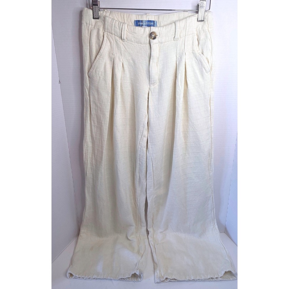 Urban Outfitters Wide Leg Linen Blend Trousers Cream Ivory SZ 0 2 Spots on Left - Picture 3 of 14